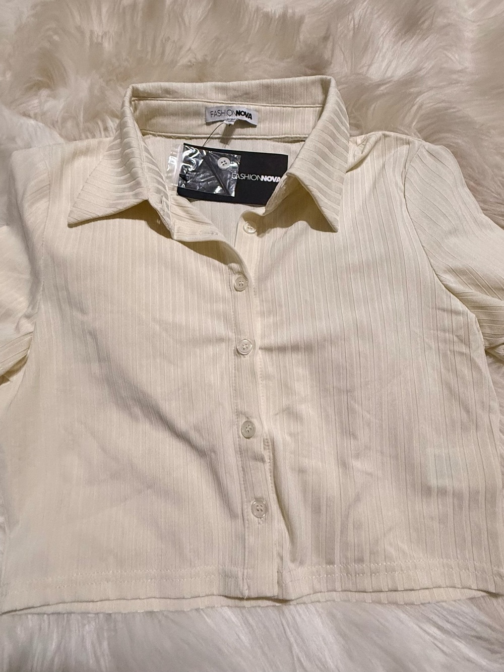 Fashion Nova Cream Ribbed Button-Down Collared Top